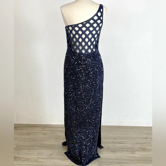 SCALA Vintage 100% Silk GORGEOUS Navy One Shoulder Beaded & Sequin Gown Size XL - Picture 2 of 13